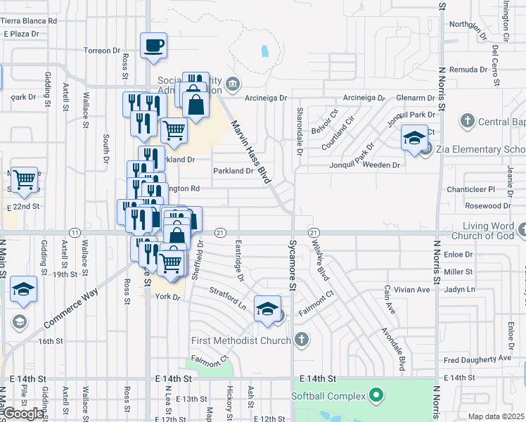 map of restaurants, bars, coffee shops, grocery stores, and more near 1309 Oakhurst Rd in Clovis