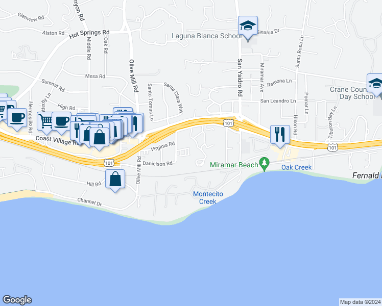 map of restaurants, bars, coffee shops, grocery stores, and more near 1365 Danielson Road in Montecito