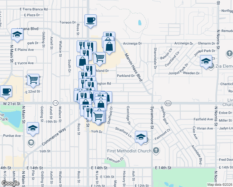 map of restaurants, bars, coffee shops, grocery stores, and more near 1113 Oakhurst Road in Clovis