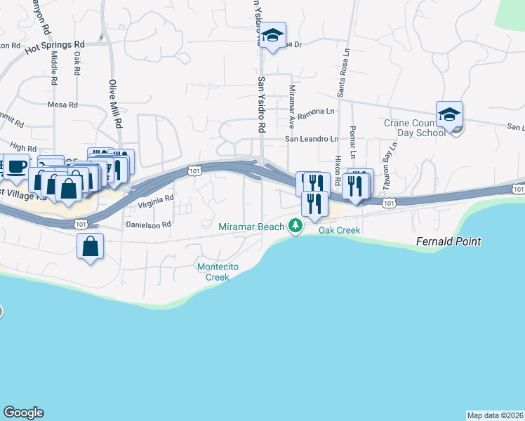 map of restaurants, bars, coffee shops, grocery stores, and more near 70 Eucalyptus Ln in Montecito