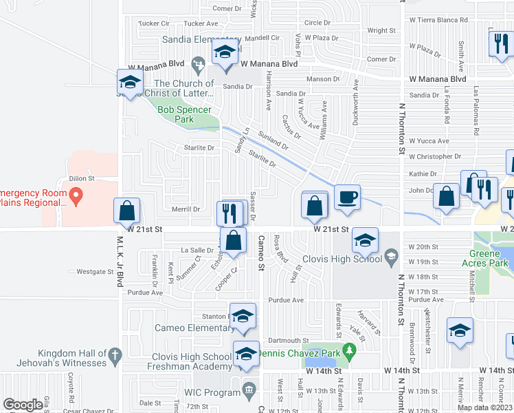 map of restaurants, bars, coffee shops, grocery stores, and more near 121 Sasser Drive in Clovis