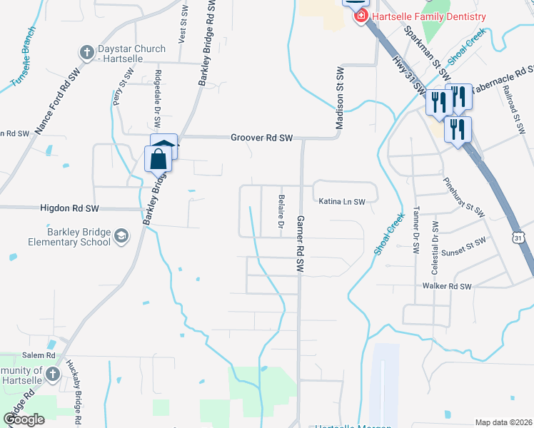 map of restaurants, bars, coffee shops, grocery stores, and more near 2200 Springdale Dr SW in Hartselle
