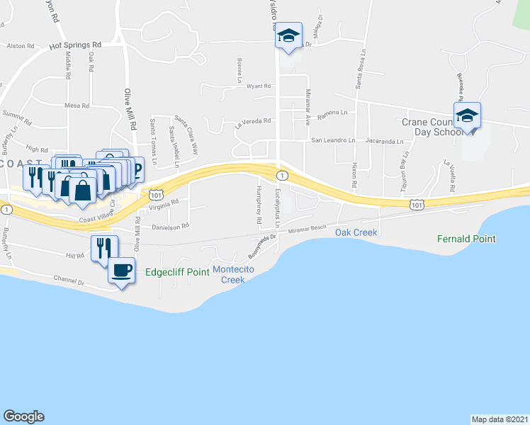 map of restaurants, bars, coffee shops, grocery stores, and more near 62 Humphrey Road in Montecito