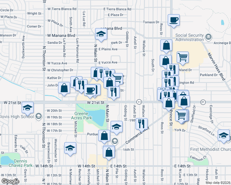 map of restaurants, bars, coffee shops, grocery stores, and more near 115 East 22nd Street in Clovis