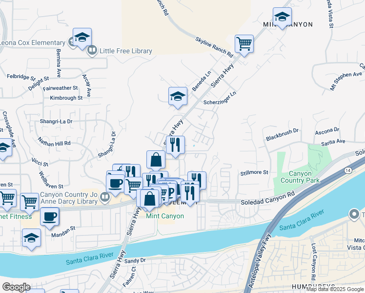 map of restaurants, bars, coffee shops, grocery stores, and more near 18143 Sundowner Way in Santa Clarita