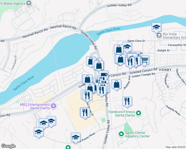 map of restaurants, bars, coffee shops, grocery stores, and more near 21021 Soledad Canyon Road in Santa Clarita
