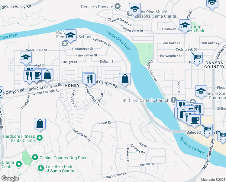 map of restaurants, bars, coffee shops, grocery stores, and more near 26970 Flo Lane in Santa Clarita