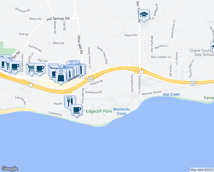 map of restaurants, bars, coffee shops, grocery stores, and more near 1369 Danielson Road in Montecito