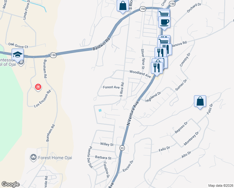 map of restaurants, bars, coffee shops, grocery stores, and more near 1119 Woodland Avenue in Ojai