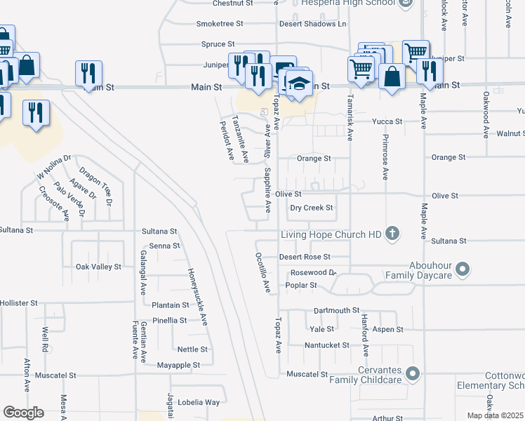 map of restaurants, bars, coffee shops, grocery stores, and more near 14073 Diamond Street in Hesperia
