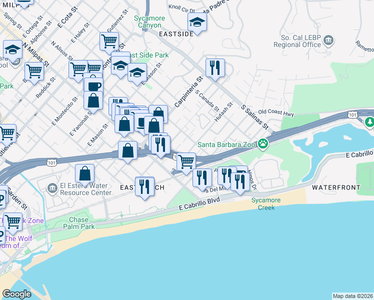 map of restaurants, bars, coffee shops, grocery stores, and more near 1015 Indio Muerto Street in Santa Barbara