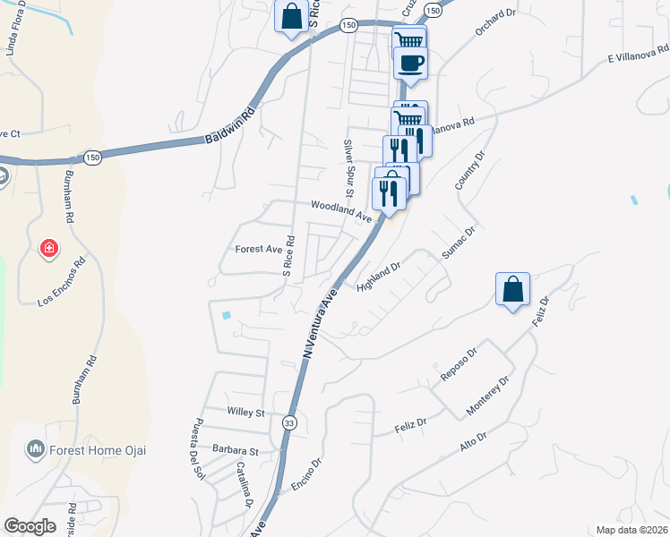 map of restaurants, bars, coffee shops, grocery stores, and more near 950 Woodland Avenue in Ojai