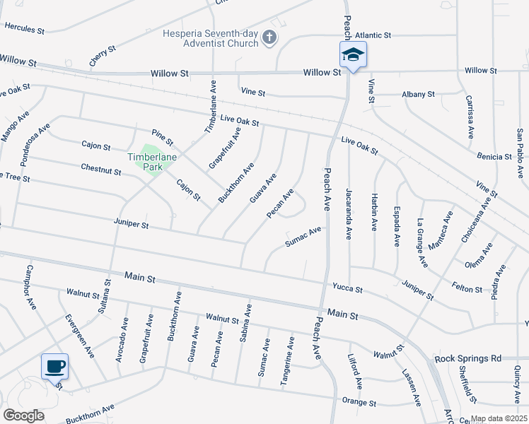 map of restaurants, bars, coffee shops, grocery stores, and more near 9316 Pecan Avenue in Hesperia