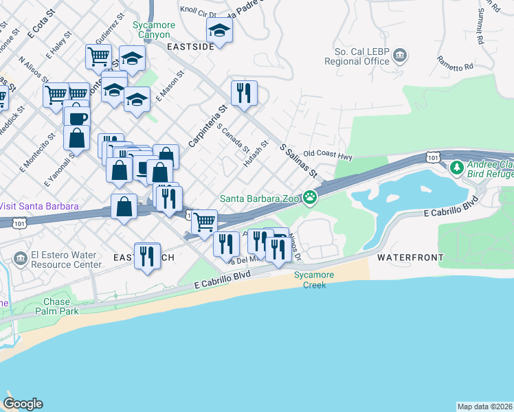 map of restaurants, bars, coffee shops, grocery stores, and more near 1130 Punta Gorda Street in Santa Barbara
