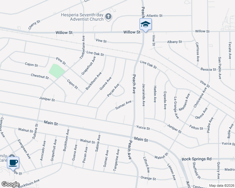 map of restaurants, bars, coffee shops, grocery stores, and more near 9321 Sabina Avenue in Hesperia