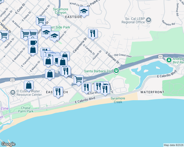map of restaurants, bars, coffee shops, grocery stores, and more near 1115 Punta Gorda Street in Santa Barbara