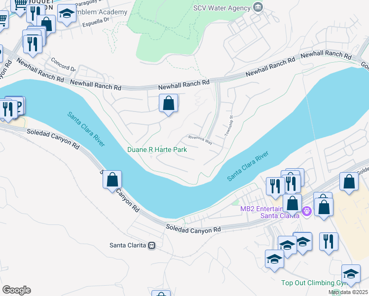 map of restaurants, bars, coffee shops, grocery stores, and more near 22474 Flatwater Court in Santa Clarita