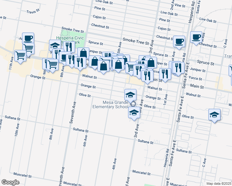 map of restaurants, bars, coffee shops, grocery stores, and more near 16149 Orange Street in Hesperia
