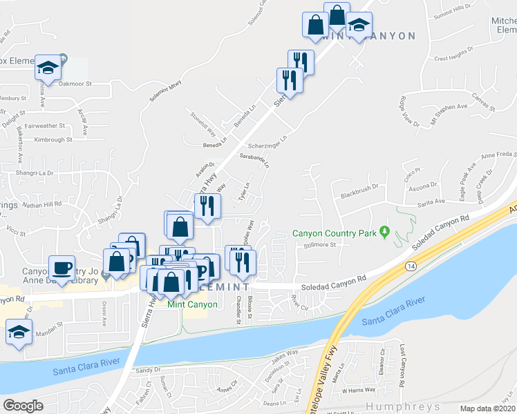 map of restaurants, bars, coffee shops, grocery stores, and more near 18015 Sundowner Way in Santa Clarita