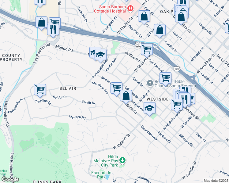 map of restaurants, bars, coffee shops, grocery stores, and more near 925 West Mission Street in Santa Barbara