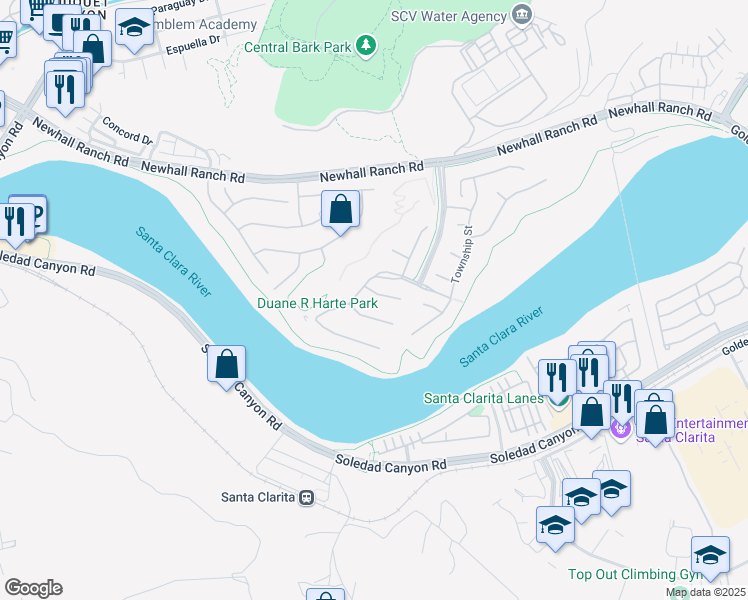 map of restaurants, bars, coffee shops, grocery stores, and more near 22474 Flatwater Court in Santa Clarita