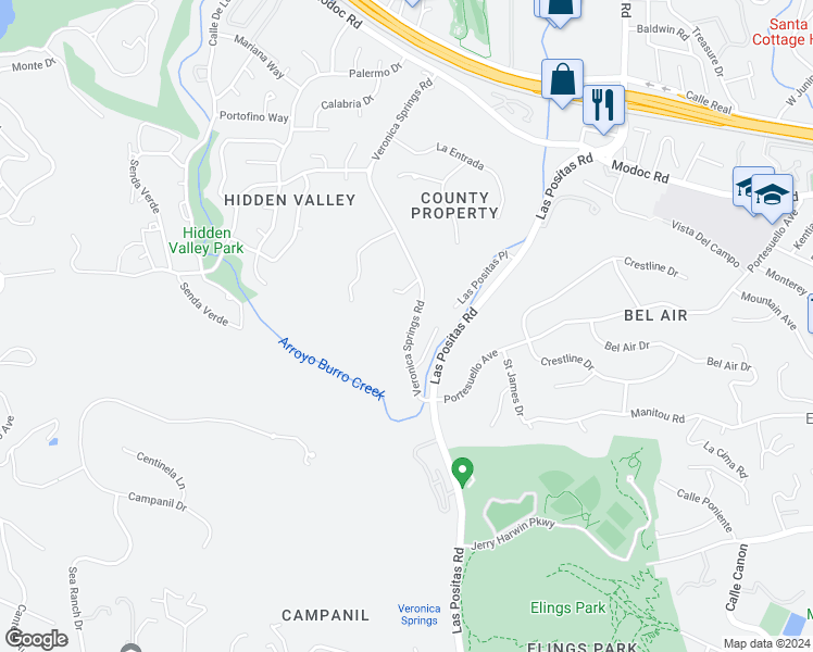 map of restaurants, bars, coffee shops, grocery stores, and more near 1125 Veronica Springs Road in Santa Barbara