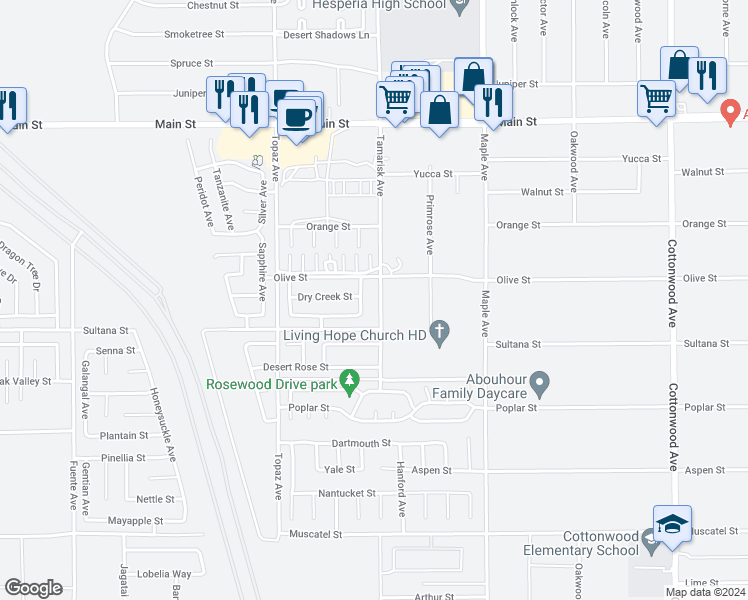 map of restaurants, bars, coffee shops, grocery stores, and more near 9344 Tamarisk Avenue in Hesperia