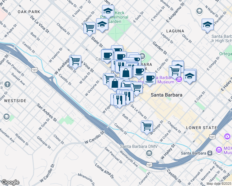 map of restaurants, bars, coffee shops, grocery stores, and more near 1109 De La Vina Street in Santa Barbara