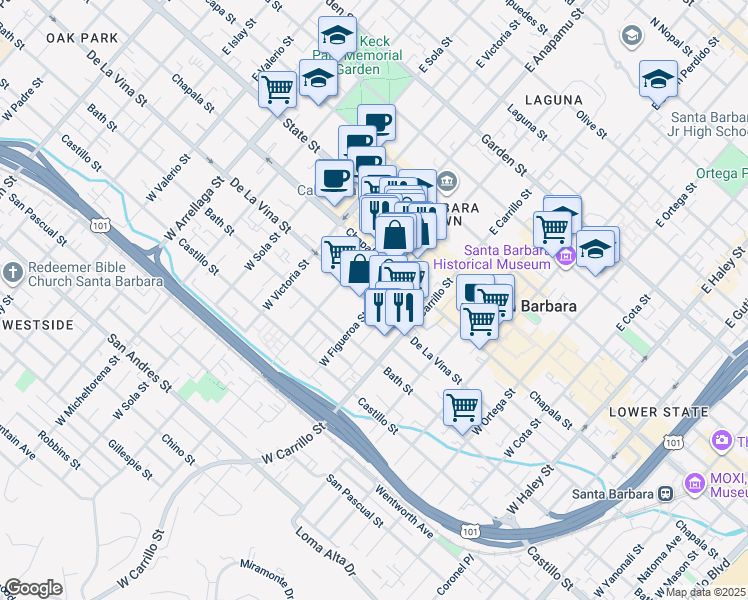map of restaurants, bars, coffee shops, grocery stores, and more near 136 W Figueroa St in Santa Barbara