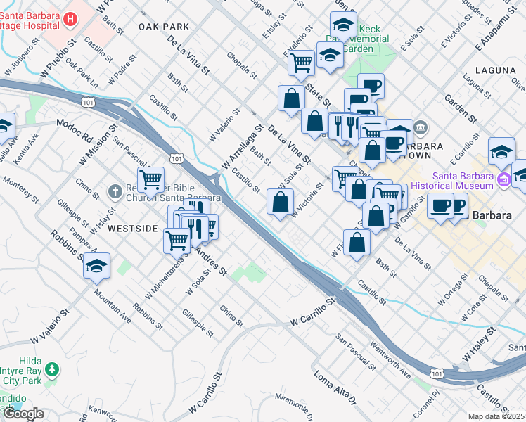 map of restaurants, bars, coffee shops, grocery stores, and more near 413 West Sola Street in Santa Barbara