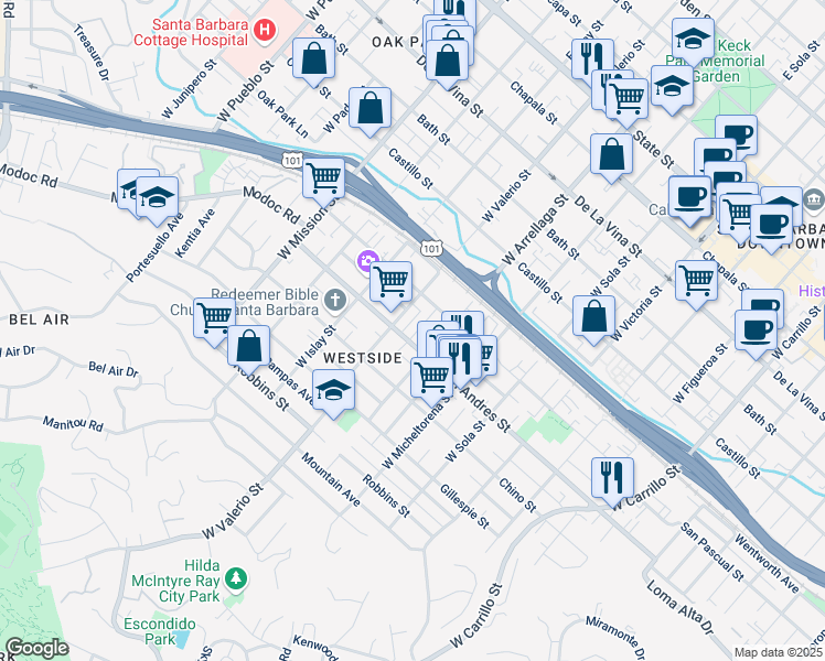 map of restaurants, bars, coffee shops, grocery stores, and more near 626 Mulberry Avenue in Santa Barbara