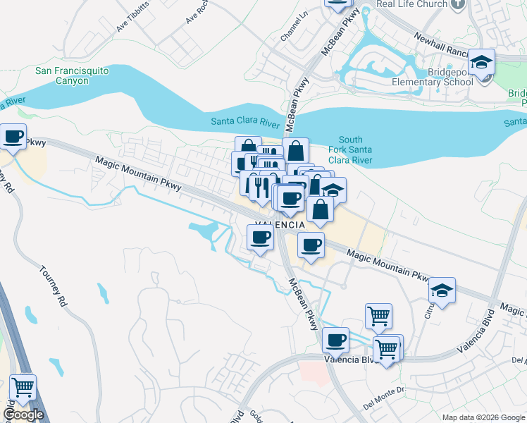 map of restaurants, bars, coffee shops, grocery stores, and more near 27007 McBean Parkway in Santa Clarita