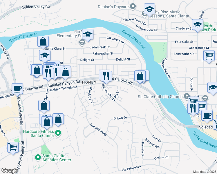 map of restaurants, bars, coffee shops, grocery stores, and more near 20340 Fanchon Lane in Santa Clarita