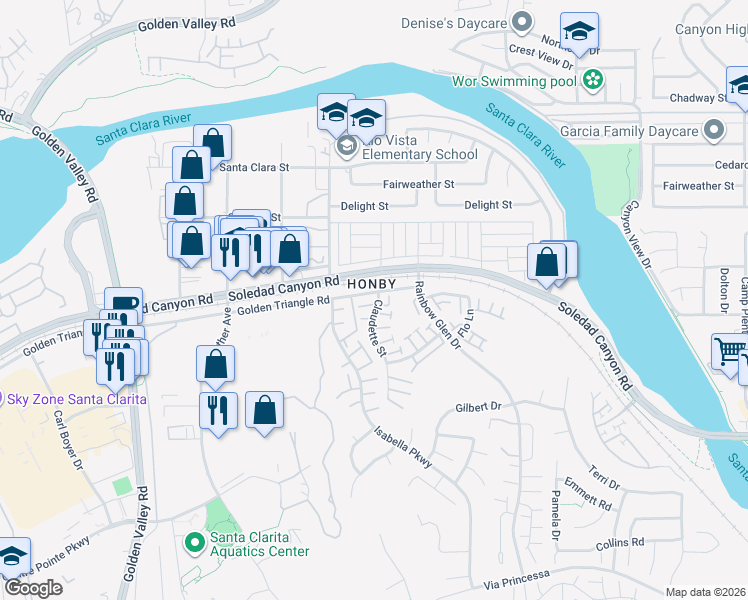 map of restaurants, bars, coffee shops, grocery stores, and more near 26824 Claudette Street in Santa Clarita