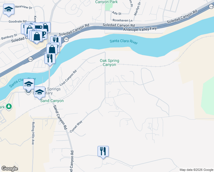 map of restaurants, bars, coffee shops, grocery stores, and more near 15952 Whitewater Canyon Road in Santa Clarita