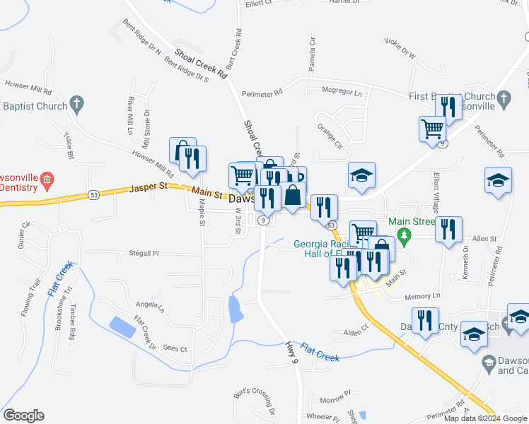 map of restaurants, bars, coffee shops, grocery stores, and more near 53 Highway 9 in Dawsonville