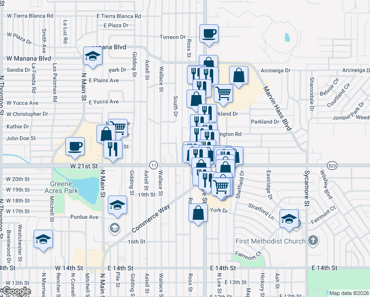 map of restaurants, bars, coffee shops, grocery stores, and more near 2122 Ross Street in Clovis