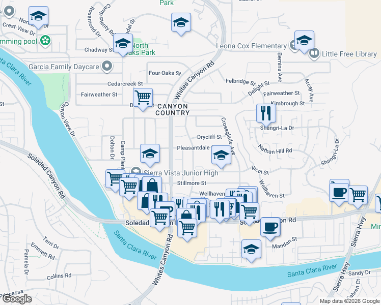 map of restaurants, bars, coffee shops, grocery stores, and more near 27445 Walnut Springs Avenue in Santa Clarita