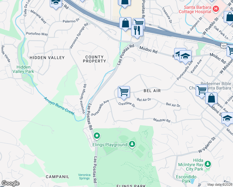 map of restaurants, bars, coffee shops, grocery stores, and more near 1369 Crestline Drive in Santa Barbara