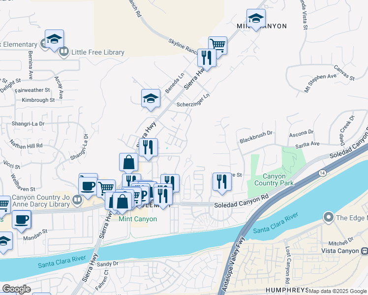 map of restaurants, bars, coffee shops, grocery stores, and more near 18065 Sundowner Way in Santa Clarita