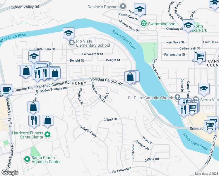 map of restaurants, bars, coffee shops, grocery stores, and more near 26944 Flo Lane in Santa Clarita
