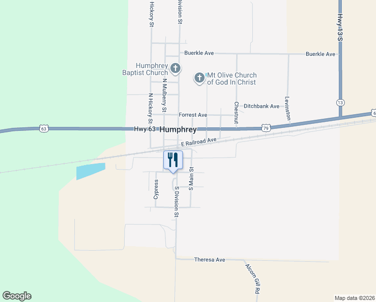map of restaurants, bars, coffee shops, grocery stores, and more near 200 South Main Street in Humphrey
