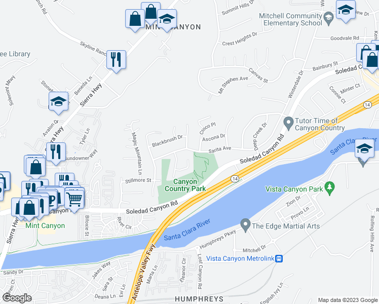 map of restaurants, bars, coffee shops, grocery stores, and more near 17524 Sarita Avenue in Santa Clarita