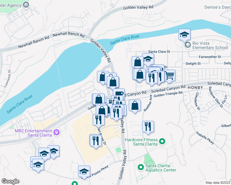 map of restaurants, bars, coffee shops, grocery stores, and more near 101 Soledad Canyon Road in Santa Clarita