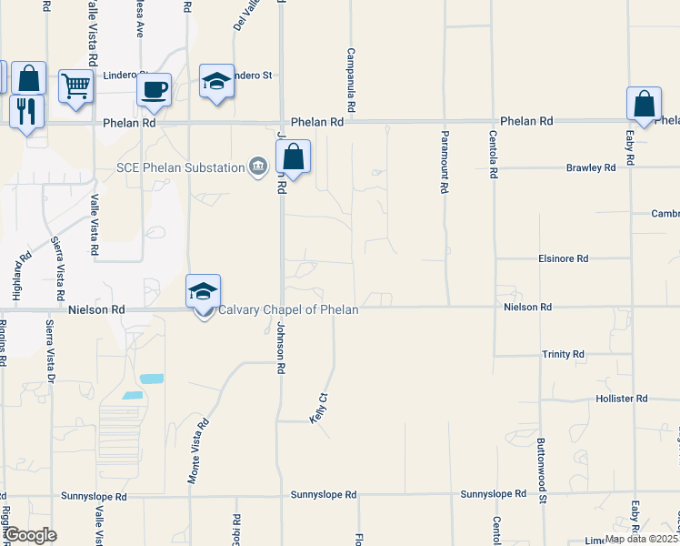 map of restaurants, bars, coffee shops, grocery stores, and more near 5045 Elsinore Road in Phelan