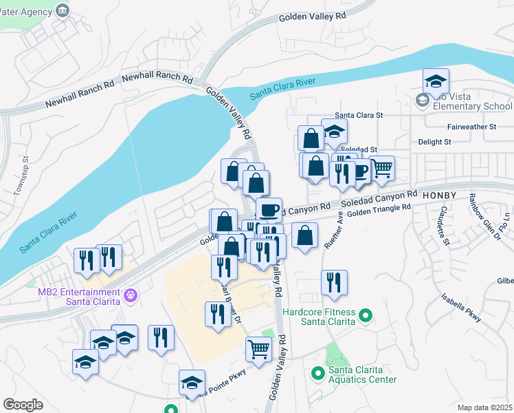 map of restaurants, bars, coffee shops, grocery stores, and more near 101 Soledad Canyon Road in Santa Clarita