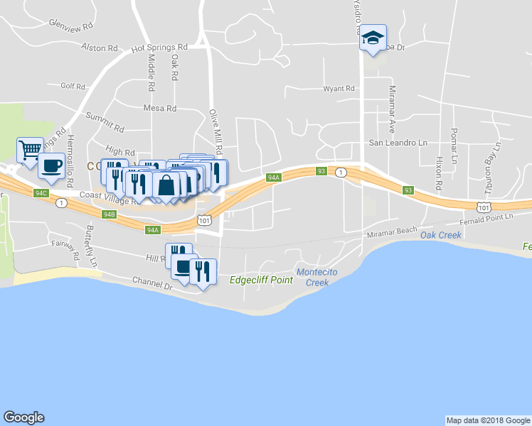 map of restaurants, bars, coffee shops, grocery stores, and more near 1368 Danielson Road in Santa Barbara