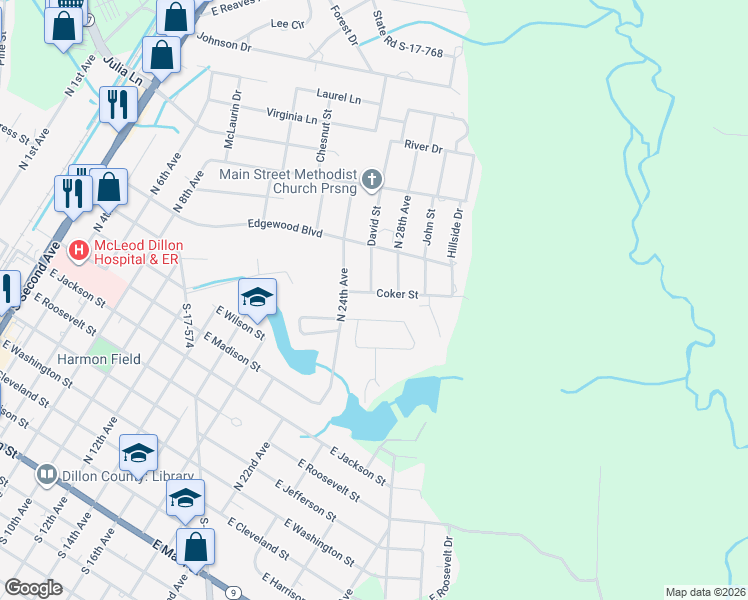 map of restaurants, bars, coffee shops, grocery stores, and more near 1000 Coker Street in Dillon