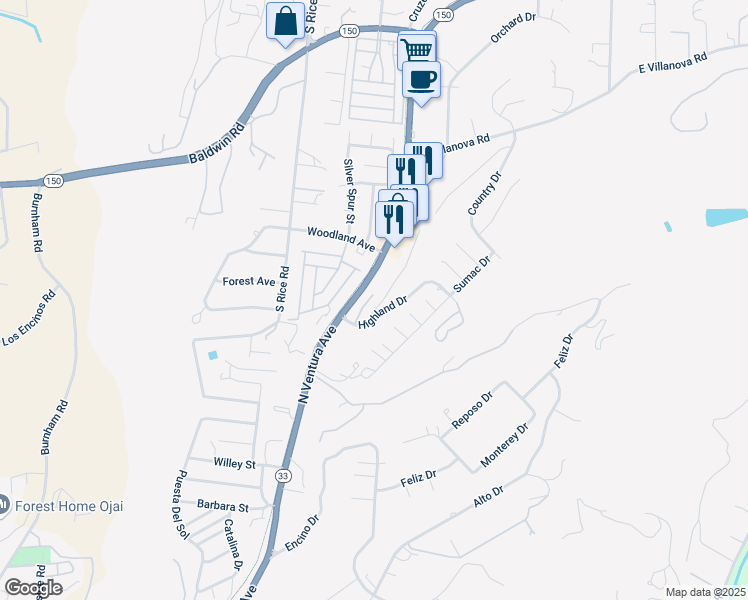 map of restaurants, bars, coffee shops, grocery stores, and more near 750 Highland Drive in Ojai