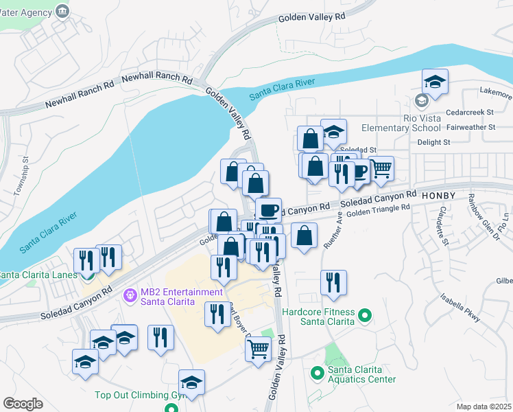 map of restaurants, bars, coffee shops, grocery stores, and more near 21021 Soledad Canyon Road in Santa Clarita